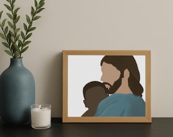 Faceless Jesus Christ and Baby: Minimalist White Wall Art Digital Download