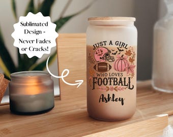 Personalized Football Fan Glass Cup: 16oz Beer Can Glass with Lid and Straw