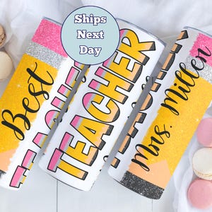 Personalized Teacher Tumbler Gift Custom Name Teacher Cup Travel Mug for Teacher Appreciation Glitter Pencil Skinny Tumbler Teacher Gifts