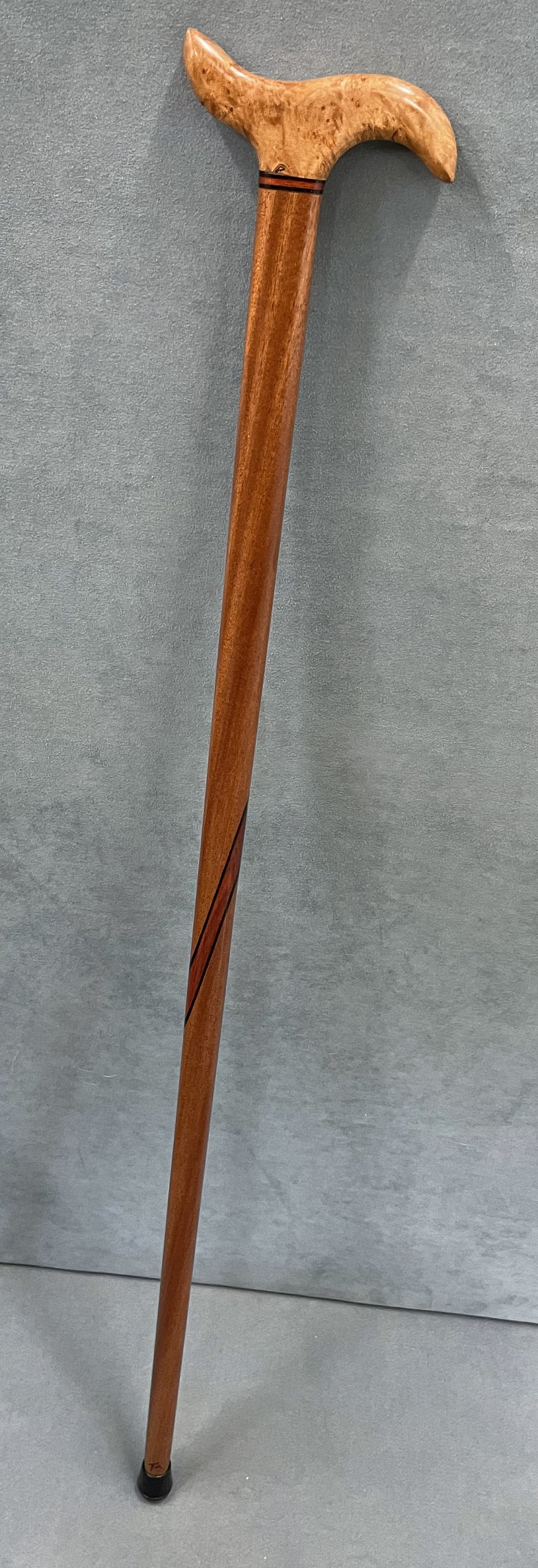 73. Exotic Wood Walking Cane With Mahogany Shaft and Maple Burl Grip