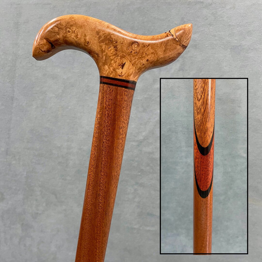 73. Exotic Wood Walking Cane With Mahogany Shaft and Maple Burl Grip