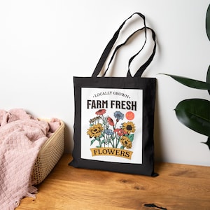 Farm Fresh Flowers Cotton Canvas Tote Bag, Eco-Friendly Shopping Bag, Reusable Grocery Tote, Floral Design, Gift for Garden Lovers