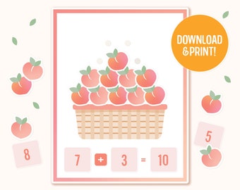 Math Activity Printable - Counting Peach in Basket Mathematics - Addition, Subtraction Homeschool Worksheets for Kids Preschoolers