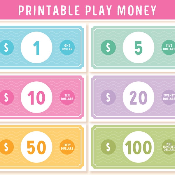 Printable Play Money for Kids - Digital Instant Download Pretend Play Money - Play Monies Dollar for Shop Games or Grocery Playing with Kids