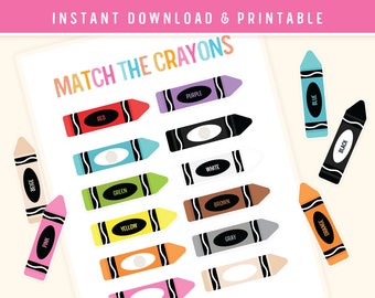 Color Matching Activity Printable - Match the Crayons - Colors Digital Toddler Homeschool Worksheets for Kids Preschoolers