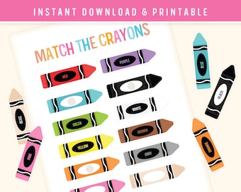 Color Matching Activity Printable - Match the Crayons - Colors Digital Toddler Homeschool Worksheets for Kids Preschoolers