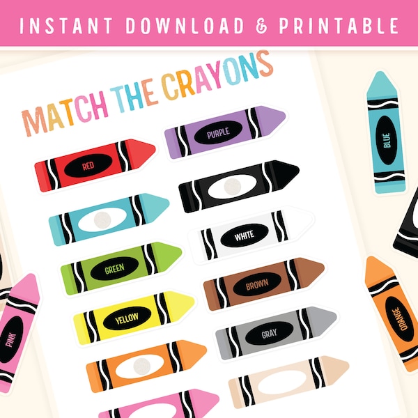 Color Matching Activity Printable - Match the Crayons - Colors Digital Toddler Homeschool Worksheets for Kids Preschoolers