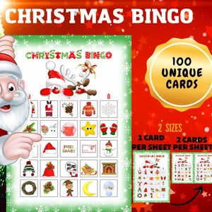 100 WEIHNACHTSBINGOKARTEN, Weihnachtspartyspiel, Bingospiel