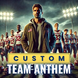 May include: A group of young men in football uniforms stand in front of a man wearing a green jacket. The man is looking at the camera. The text "CUSTOM TEAM ANTHEM" is displayed in yellow letters on a black background.