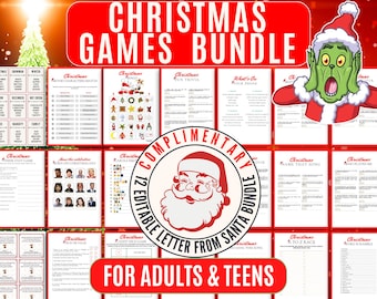 Pode incluir: Uma colagem de 12 jogos de Natal imprimíveis para adultos e adolescentes. Os jogos incluem Bingo de Natal, Quiz de Natal, Quiz de filmes de Natal, Adivinhe a música de Natal, Quem me tocou, Corrida de A a Z de Natal, Descifrar palavras de Natal, Jogo de pensar rápido de Natal, Adivinhe o personagem de Natal, Em torno do Natal, Verdadeiro ou falso de Natal e Papai Noel diz. Os jogos são todos editáveis e vêm com uma carta gratuita do Papai Noel.
