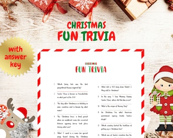 May include: A printable Christmas trivia game with a red and green color scheme. The game features questions about Santa Claus, Christmas traditions, and the history of Christmas. The image also includes a cartoon elf with a gift.
