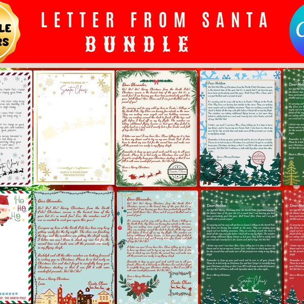 12 Editable LETTER FROM SANTA Bundle,  12 Personalized Letters Template