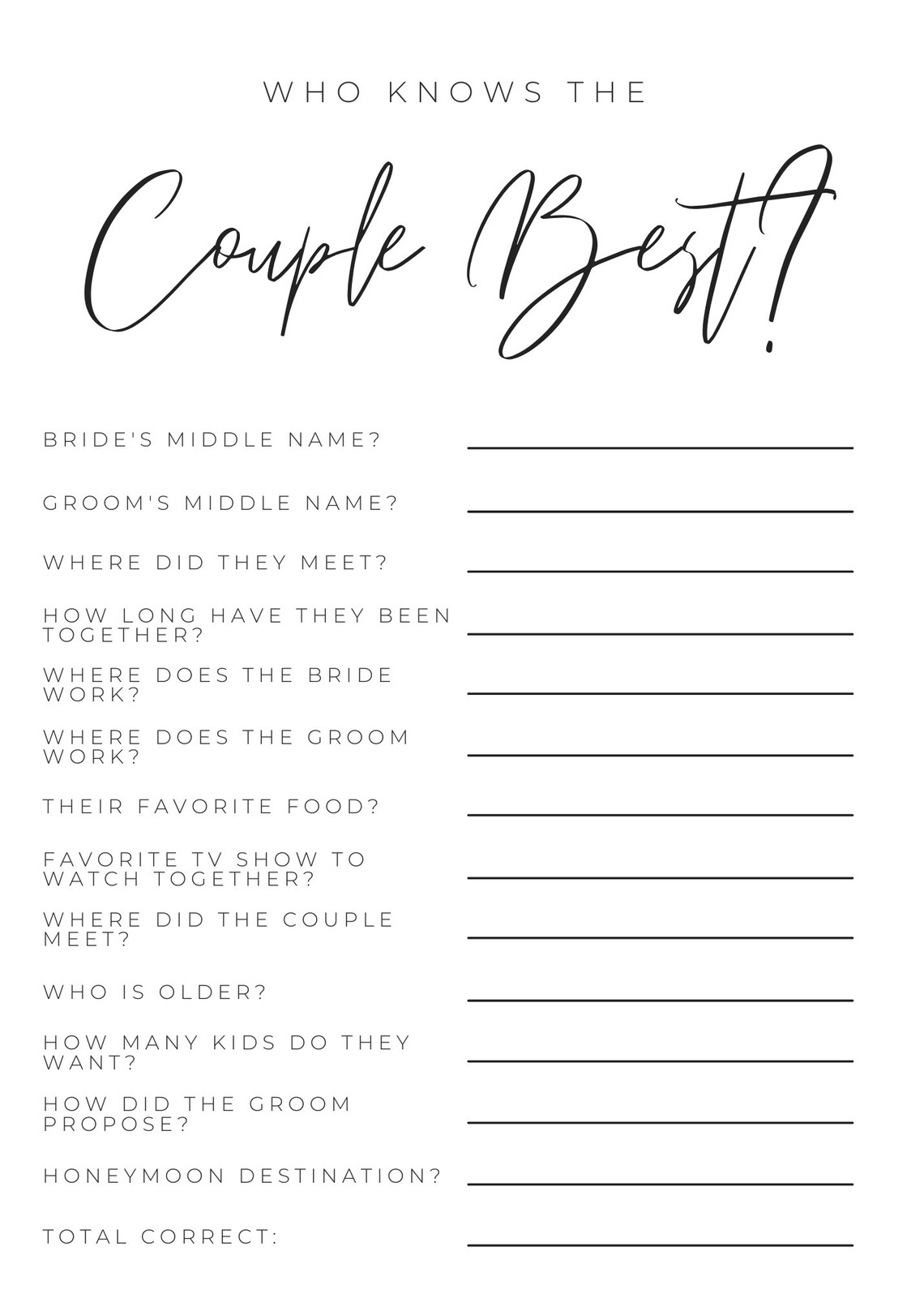 Who Knows the Couple Best Game Simple Minimalist Bridal Shower Game