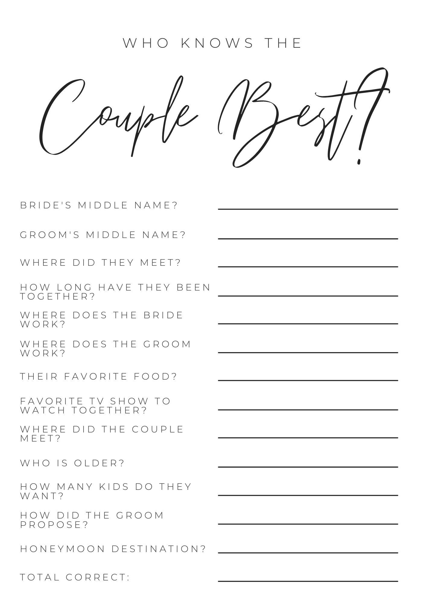 Who Knows the Couple Best Game Simple Minimalist Bridal Shower Game