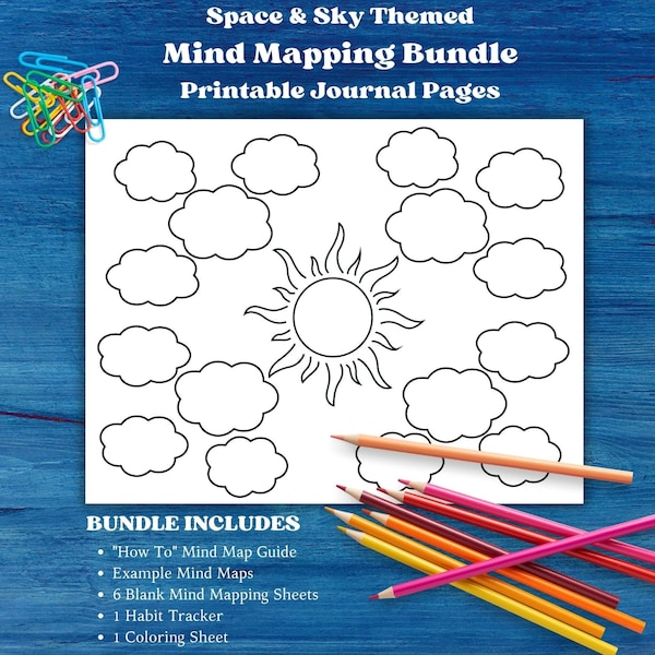 Space and Sky-Themed Creative Mind Mapping Templates - Coloring Page & Habit Tracker Included - Journal Coloring Pages - Printable PDF File