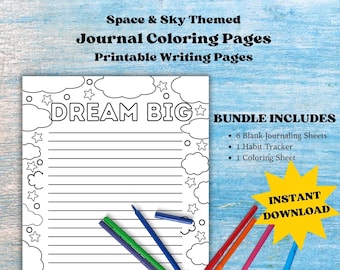 Space & Sky Themed Coloring Journal Pages - Journal Digital Download - Printable PDF File - Habit Tracker and Coloring Page Included