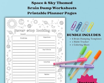 Space and Sky Themed Brain Dump Worksheets - Coloring Journal Pages - Habit Tracker and Coloring Page Included - Journal Digital Download