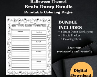 Halloween Themed Brain Dump Worksheets - Journal Coloring Pages - Habit Tracker and Coloring Page Included - Printable PDF File