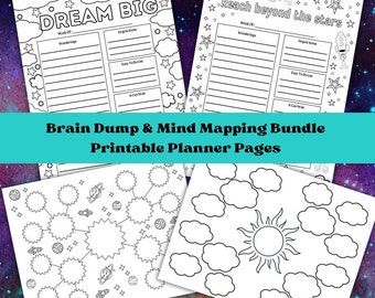 Space and Sky Themed Brain Dump & Mind Mapping Bundle - Journal Coloring Pages - Habit Tracker and Coloring Page Included - PDF File