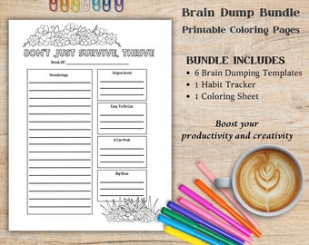 Flower Garden Themed Brain Dump Worksheets - Coloring Page and Habit Tracker Included - Printable PDF File
