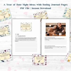 Een jaar van romantische datumkaarten en geheugenboekpagina&#39;s | 52 datumideeën en 6 blanco kaarten | Digitale download | Verjaardags- of Valentijnsdagcadeau