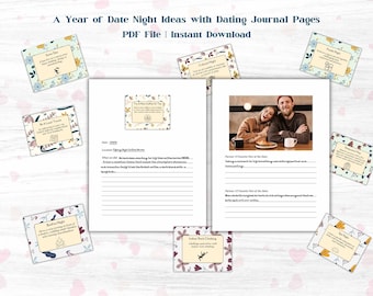 A Year of Romantic Date Cards and Memory Book Pages | 52 Date Ideas & 6 Blank Cards | Digital Download | Anniversary or Valentine's Day Gift