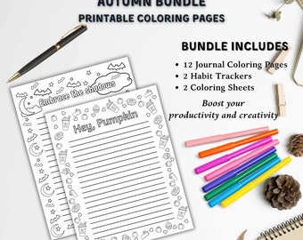 Autumn Coloring Journal Pages - Habit Tracker and Coloring Page Included - Journal Digital Download