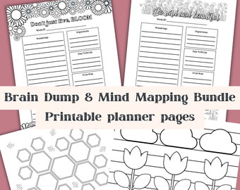 Flower Garden Themed Brain Dump & Mind Mapping Bundle - Coloring Page and Habit Tracker Included - Journal Coloring Pages - PDF File