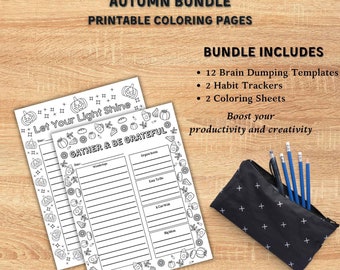 Autumn Brain Dump Worksheets - Coloring Journal Pages - Habit Tracker and Coloring Page Included - Journal Digital Download