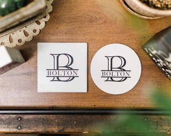 Laser-Engraved Personal Monogram Ceramic Coasters - Personalized Gift for Weddings, Housewarming, and More