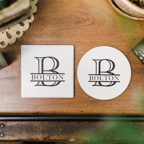 Laser-Engraved Personal Monogram Ceramic Coasters - Personalized Gift for Weddings, Housewarming, and More