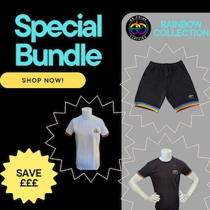 EB Pride-kleding. Regenboogbundel. Inclusief short, T-shirt en sokken. Homokleding, lgbtq+, uniseks, hoge kwaliteit, queermode, Gay Pride
