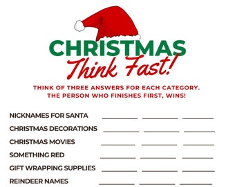 Printable Christmas Think Fast Game | Christmas Day Activity | Holiday Games | Fun Holiday | EASY Instant Download NOW!