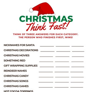Printable Christmas Think Fast Game | Christmas Day Activity | Holiday Games | Fun Holiday | EASY Instant Download NOW!