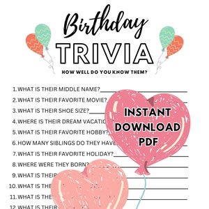 Juego de trivia de fiesta de cumpleaños imprimible / Iniciador de conversación / Preguntas para iniciar la fiesta / FÁCIL Descarga instantánea AHORA
