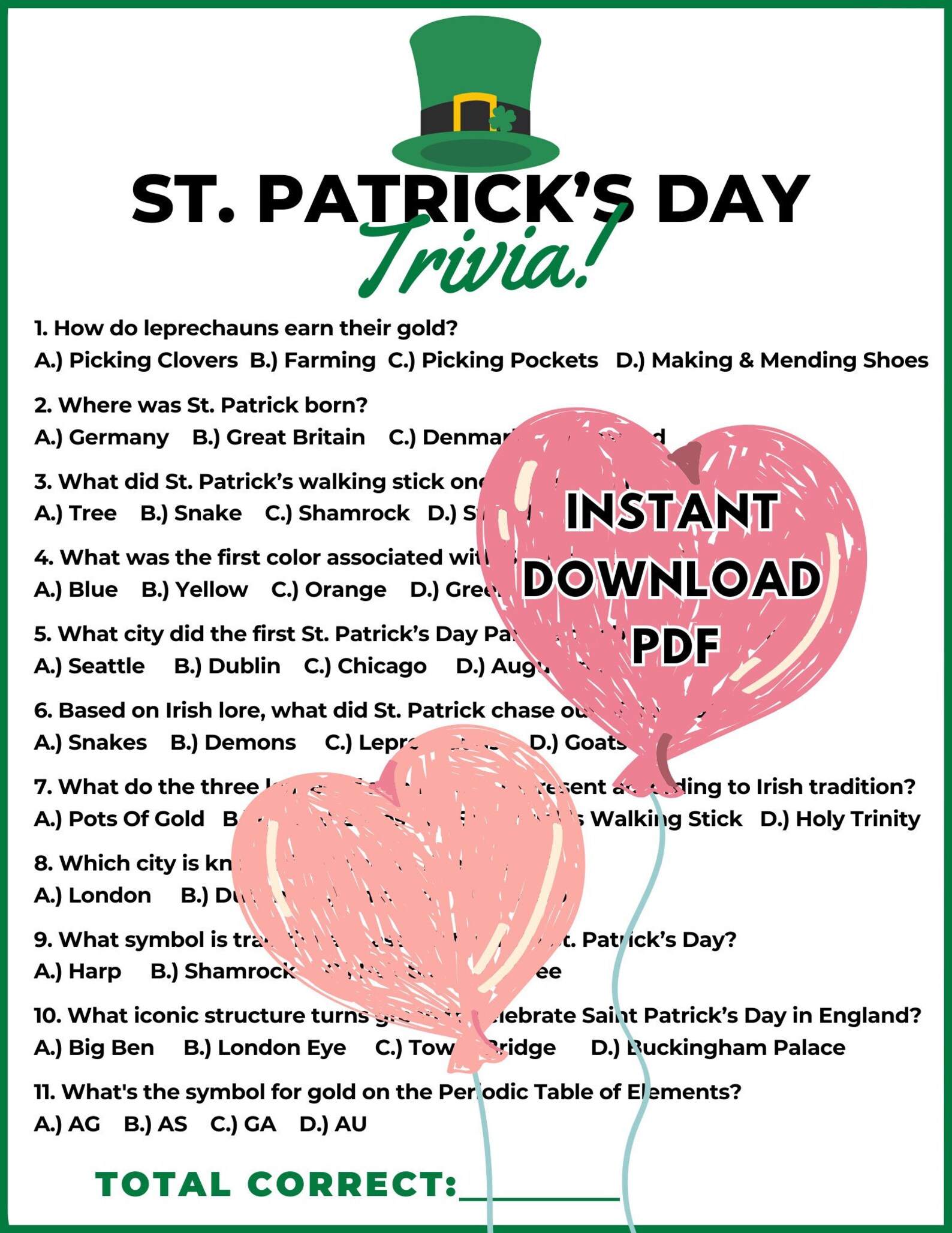 St. Patrick's Day Trivia Game | St. Patrick's Day Party | St. Patrick's ...