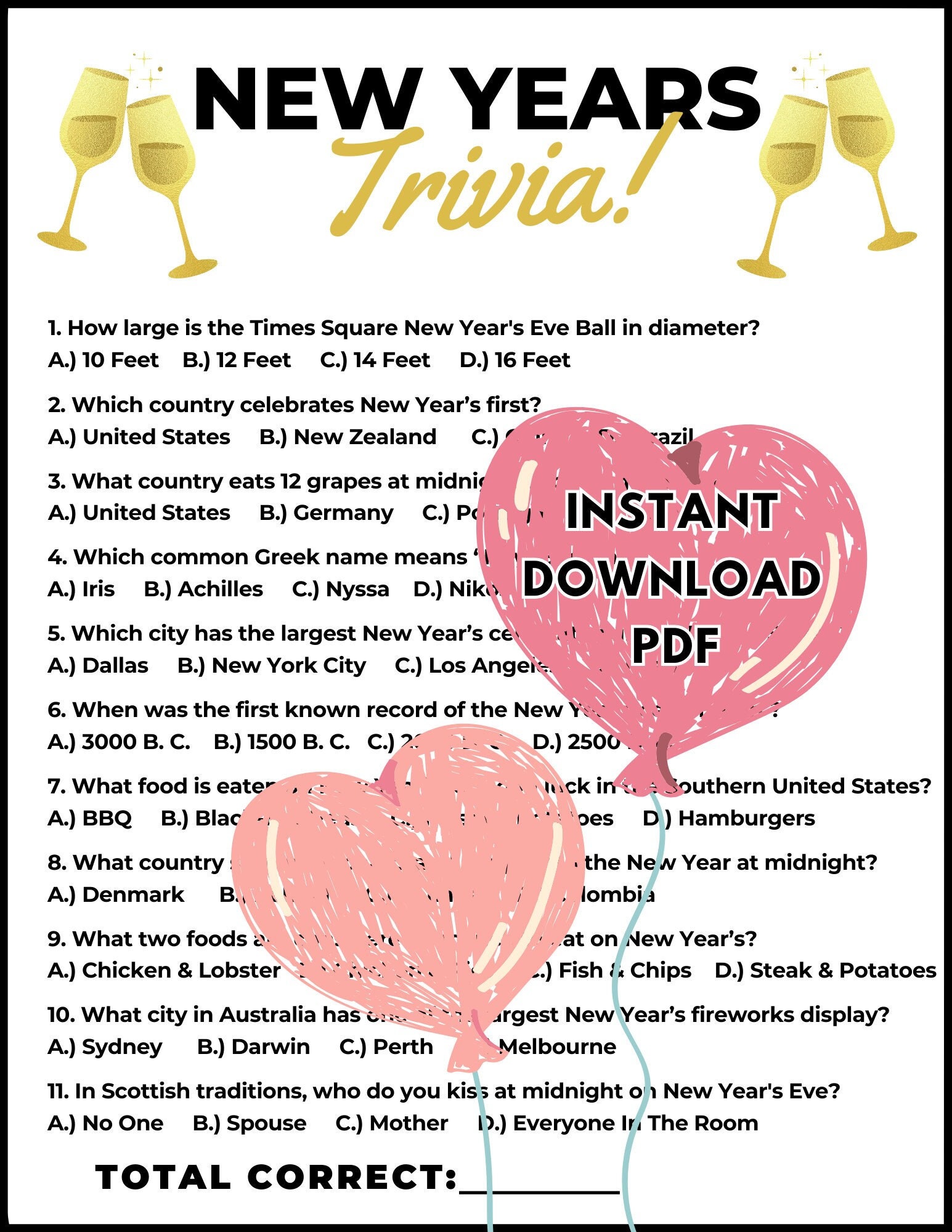 Printable New Years Trivia New Years Eve Activity Holiday Game Printable New Years Trivia New Years Eve Activity Holiday Game