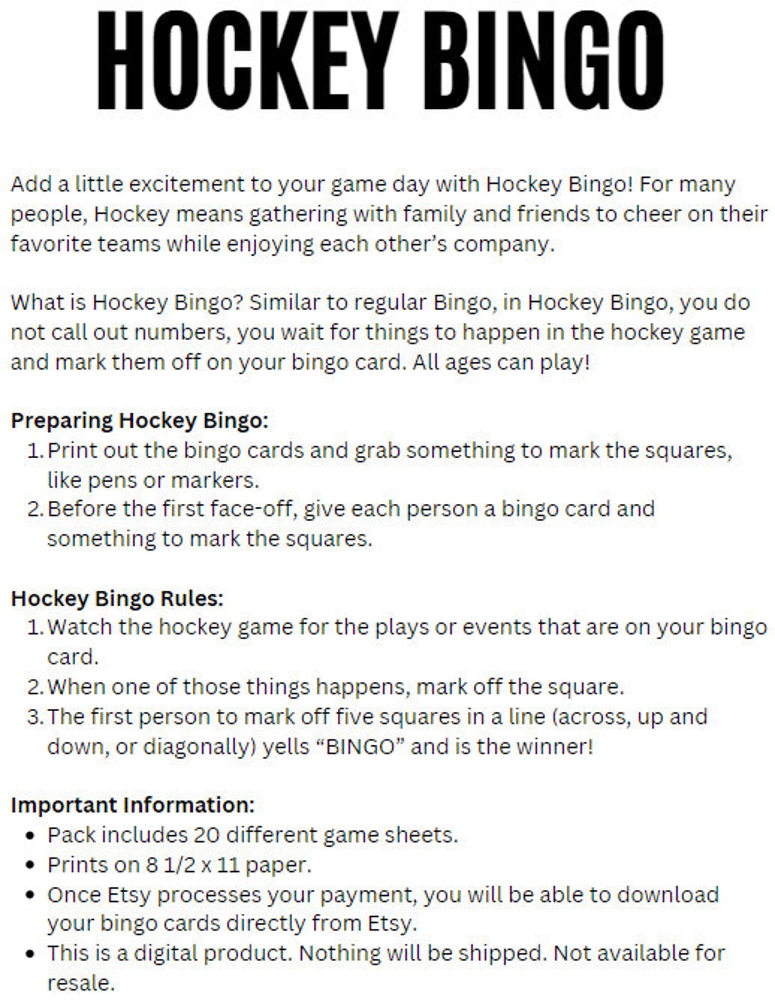 20 Printable Hockey Bingo Cards - Etsy