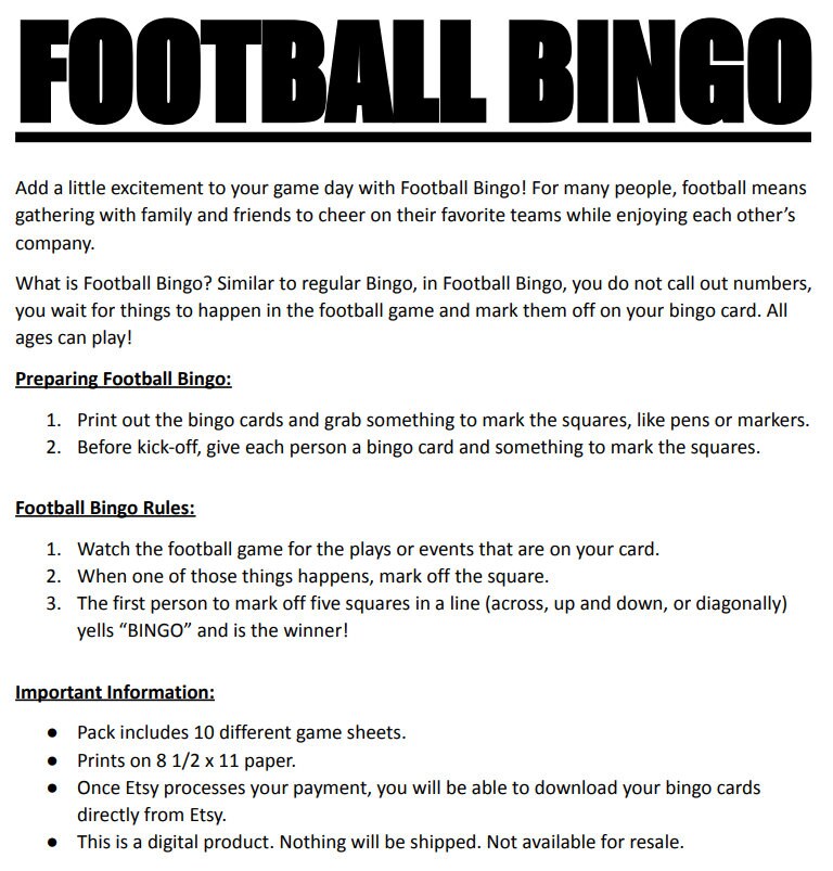 10 Printable Super Bowl Football Bingo Cards Instant Download - Etsy