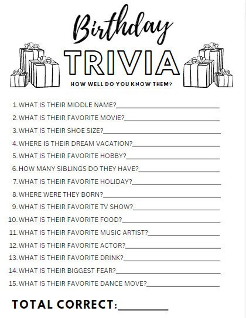 Printable Birthday Party Trivia Game Conversation Starter Etsy