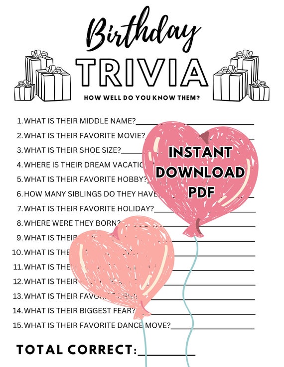 Printable Birthday Party Trivia Game | Conversation Starter | Party Starter  Questions | EASY Instant Download NOW