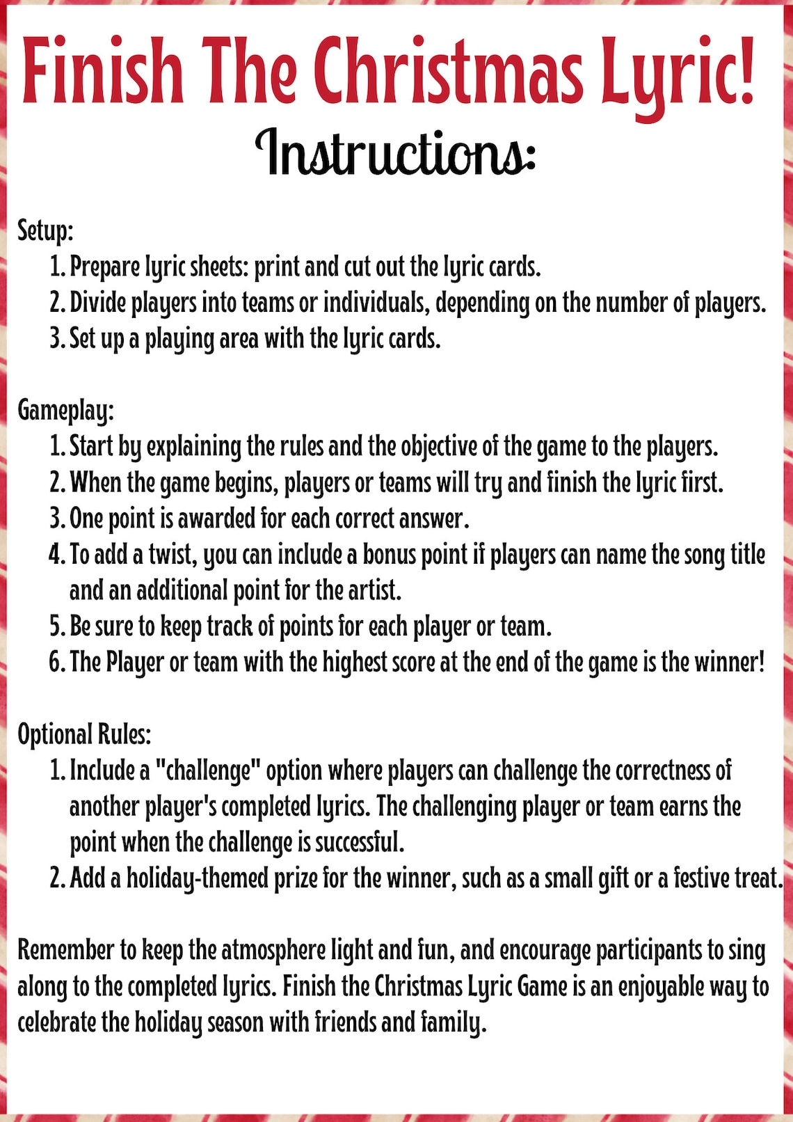 Printable Finish the Christmas Lyric Christmas Day Activity Christmas