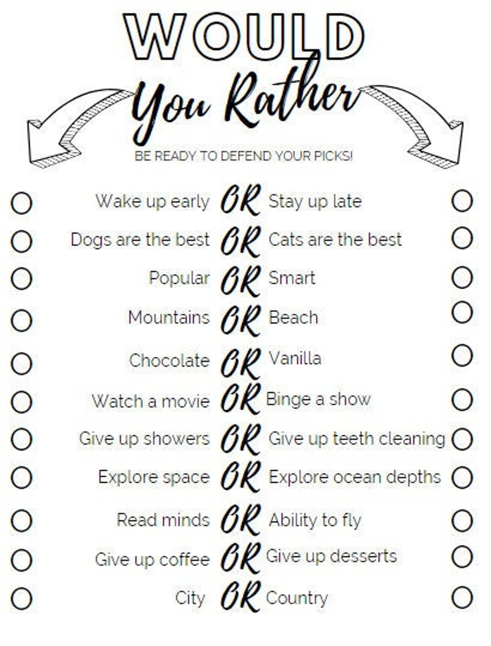 Would You Rather Party Game This or That Questions Etsy