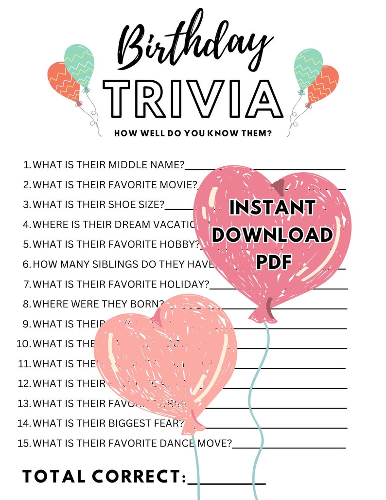 Printable Birthday Party Trivia Game | Conversation Starter | Party ...