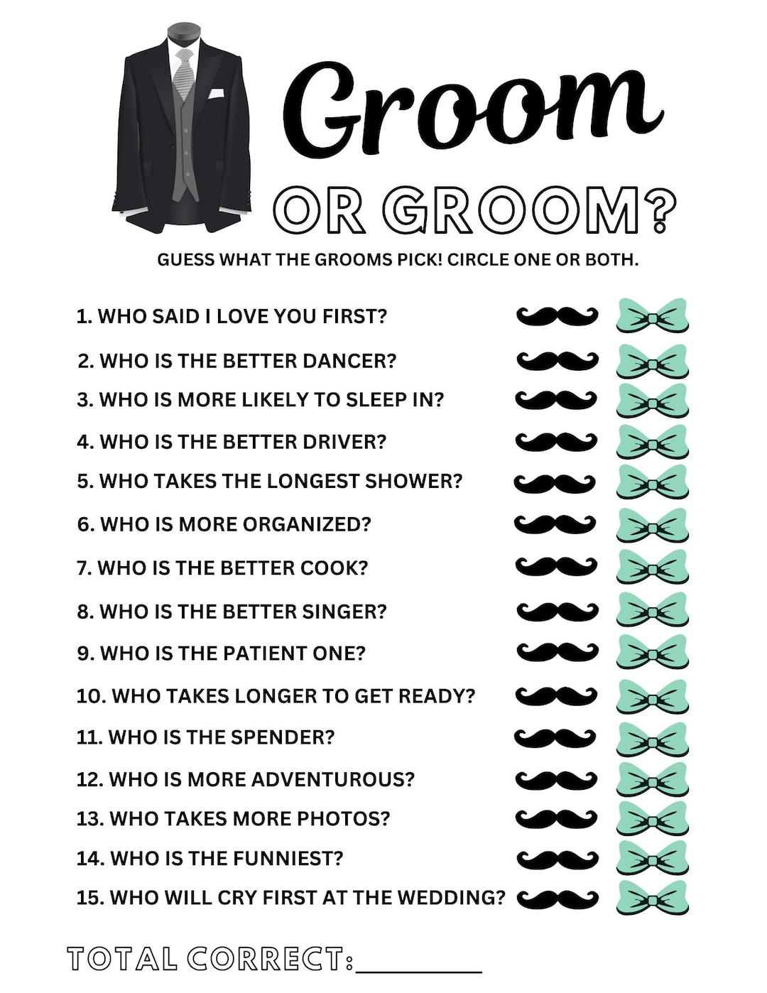 Printable Bridal Shower Game Groom or Groom Wedding Party Etsy