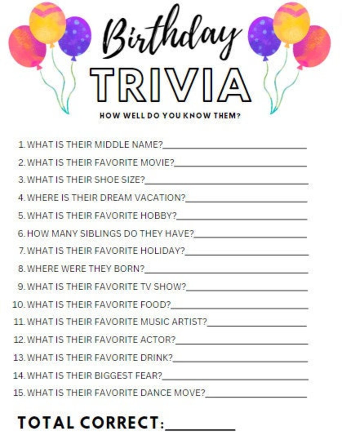 Printable Birthday Party Trivia Game Conversation Starter Party Starter ...