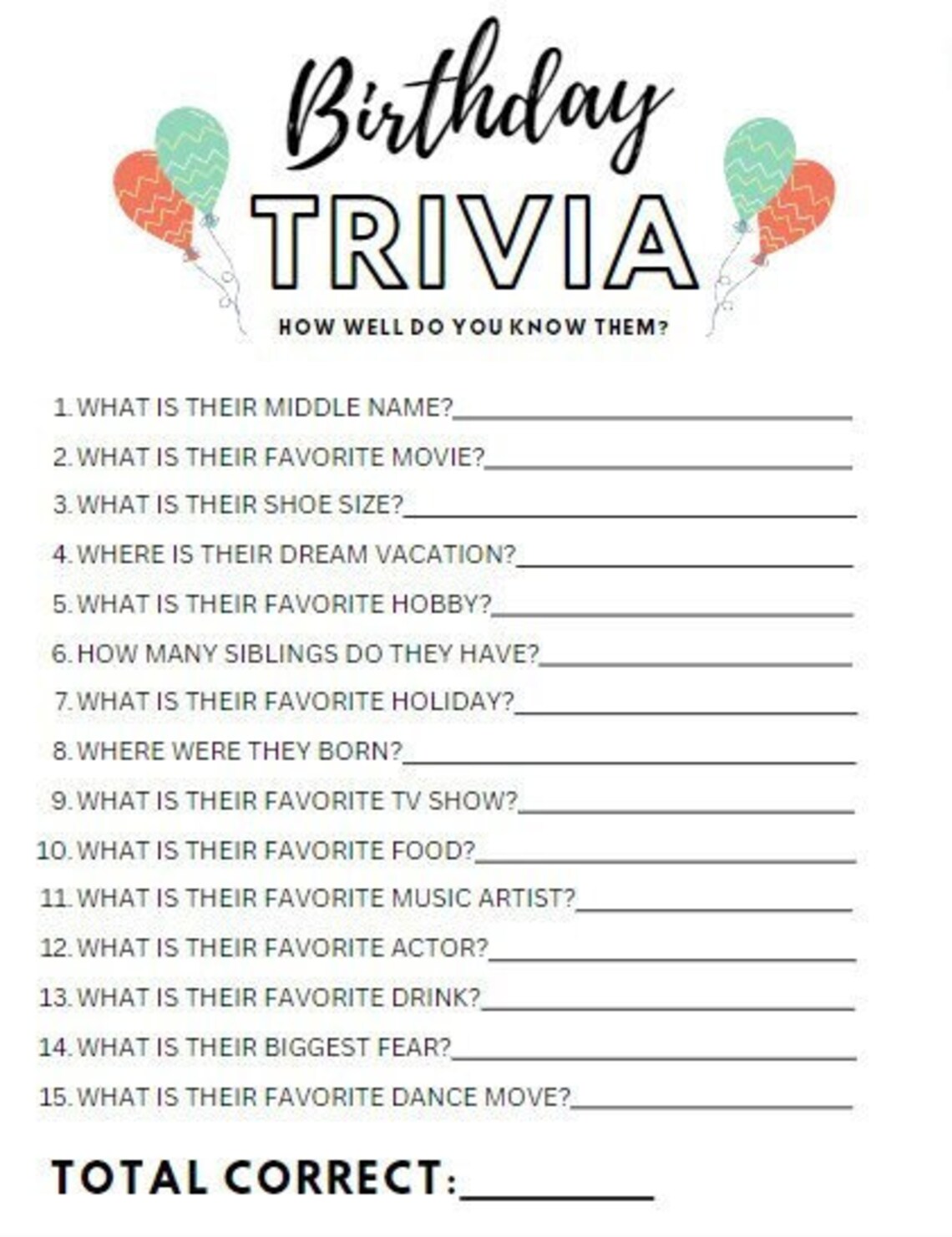 Printable Birthday Party Trivia Game Conversation Starter - Etsy