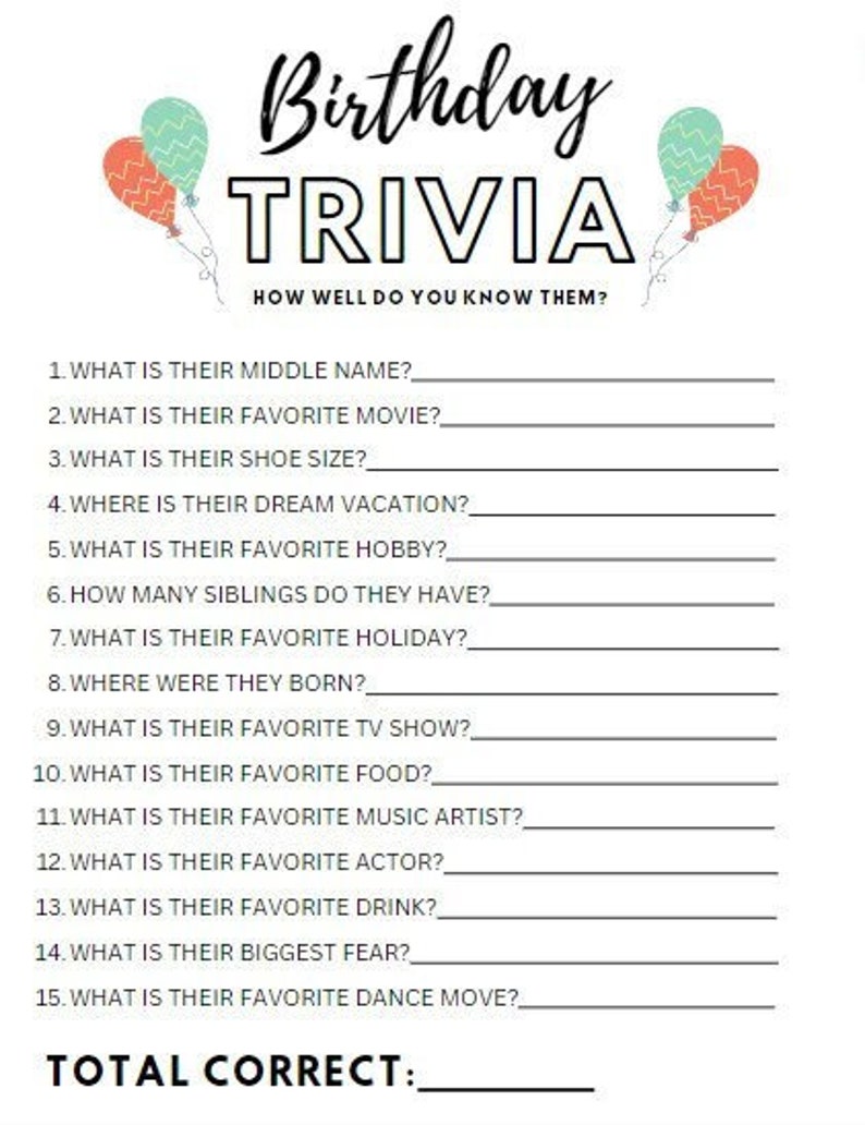 Printable Birthday Party Trivia Game Conversation (Download Now) Etsy