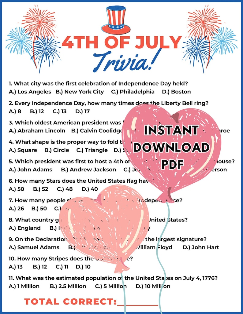Printable July 4th Trivia | July 4th Activity | Holiday Game | Fun ...