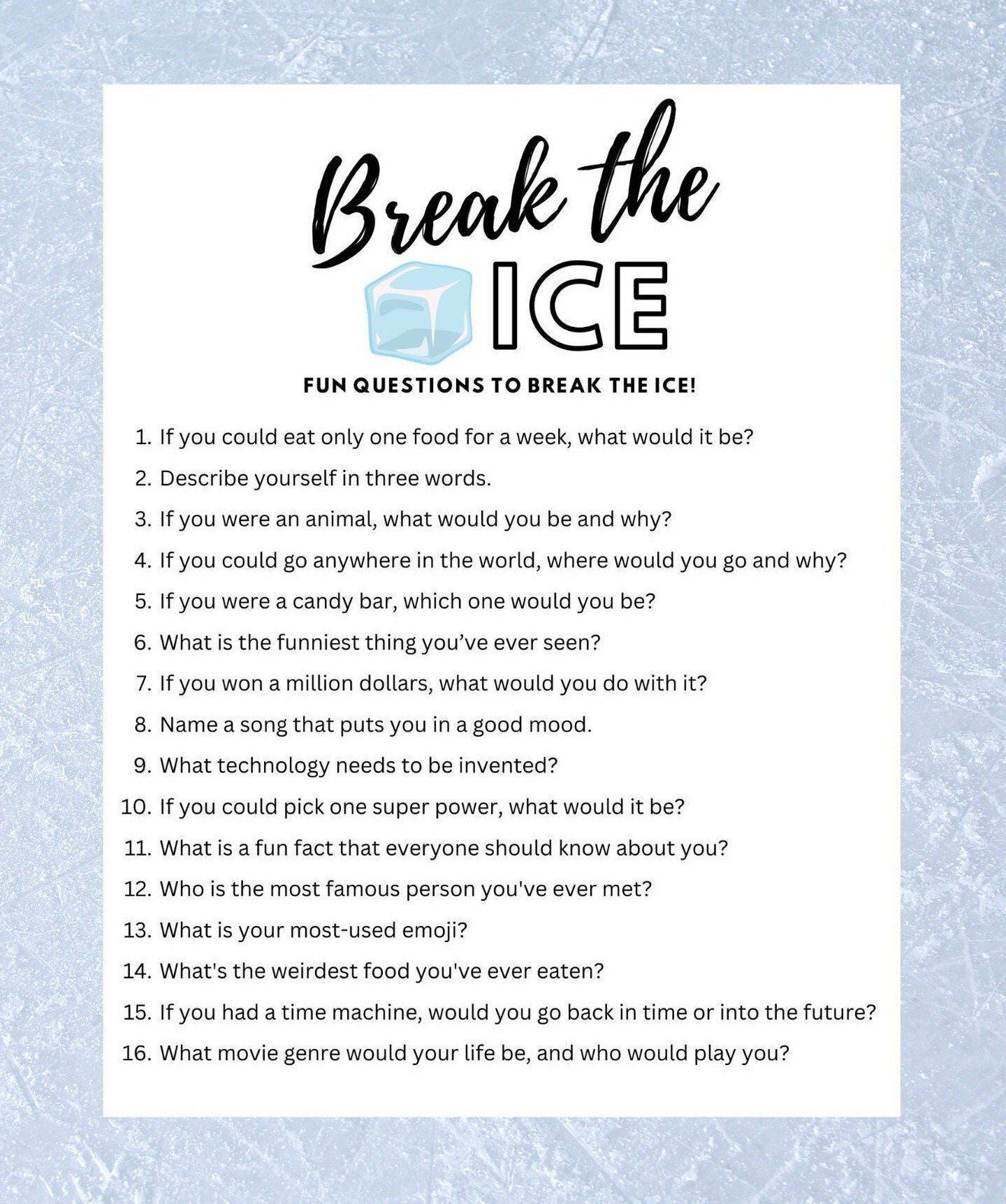 Printable Icebreaker Questions Conversation (Download Now) - Etsy